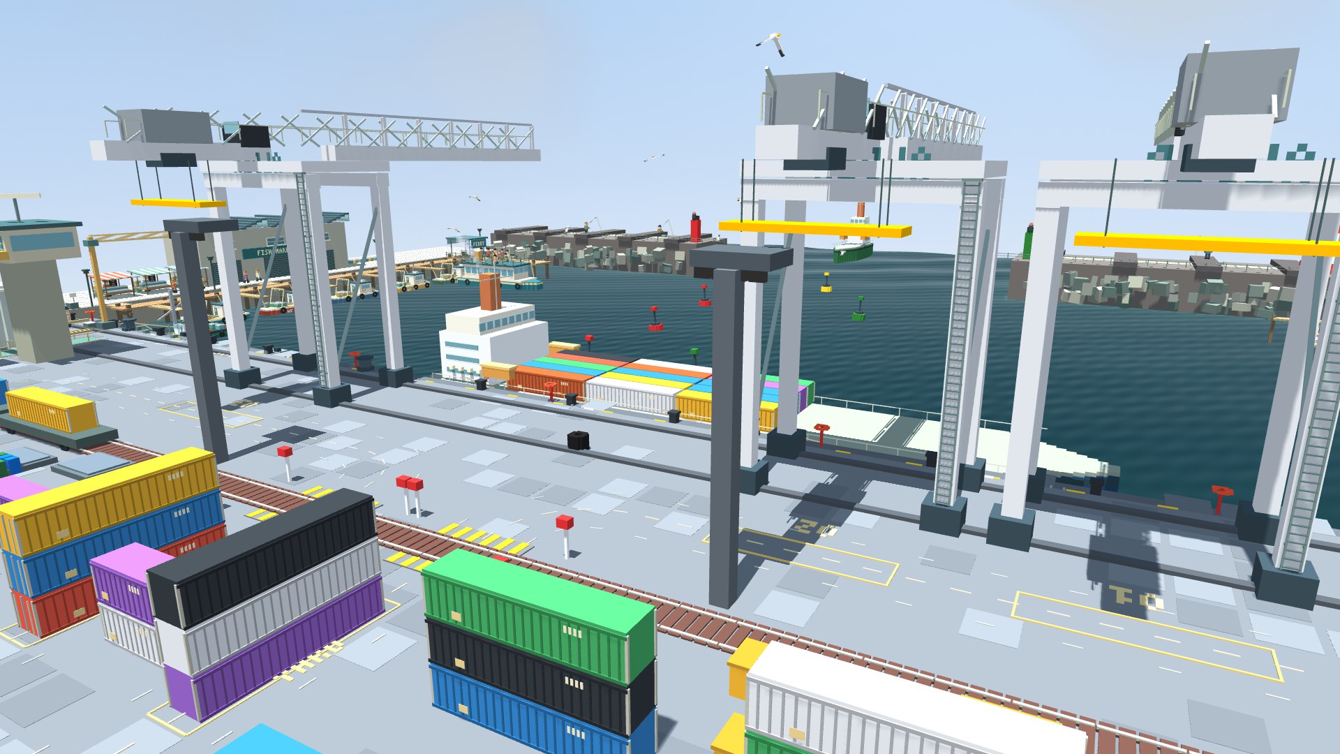 Port Alder from under the container gantries: cranes, a berthed ship, the fish market across the water